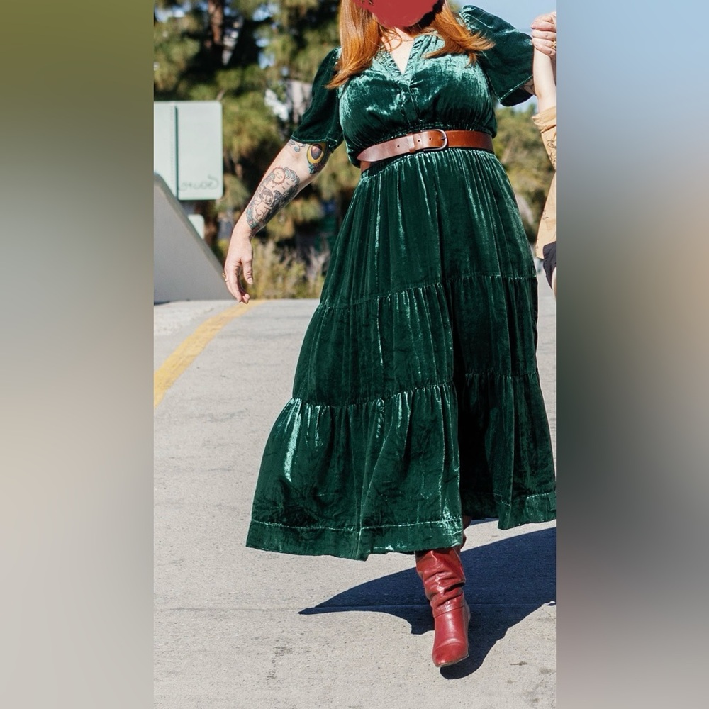 Anthropologie green velvet maxi dress.